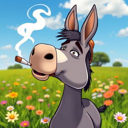 A comical scene featuring a cartoonish donkey smoking a cigarette