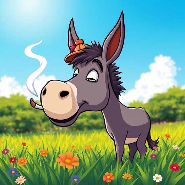 A comical scene featuring a cartoonish donkey smoking a cigarette