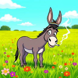 A comical scene featuring a cartoonish donkey smoking a cigarette