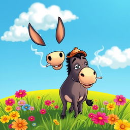 A comical scene featuring a cartoonish donkey smoking a cigarette