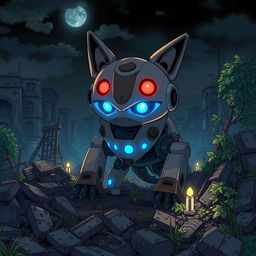 A Ghibli-style illustration of an animalistic robot with glowing blue lights and intense red eyes, set against a dark, destroyed city at night