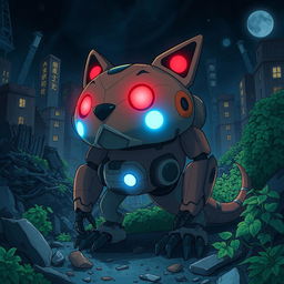 A Ghibli-style illustration of an animalistic robot with glowing blue lights and intense red eyes, set against a dark, destroyed city at night