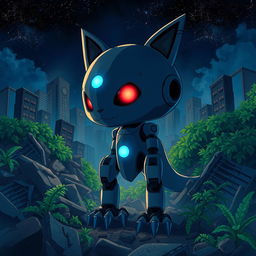 A Ghibli-style illustration of an animalistic robot with glowing blue lights and intense red eyes, set against a dark, destroyed city at night