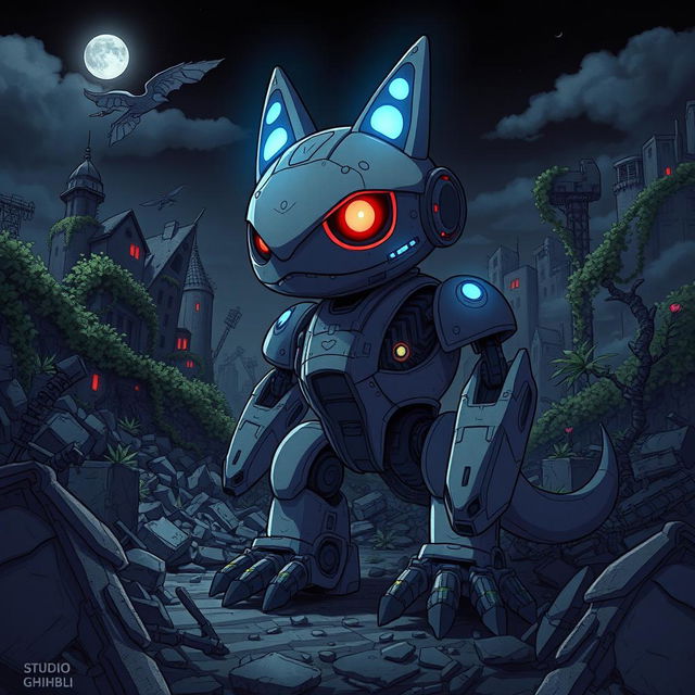 A Ghibli-style illustration of an animalistic robot with glowing blue lights and intense red eyes, set against a dark, destroyed city at night