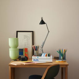 A well-organized study table with a book, a lamp, and stationery