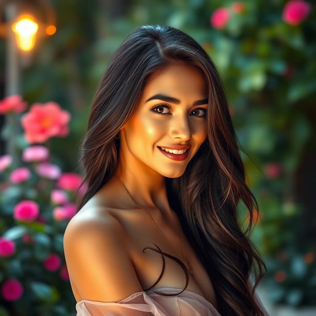 A stunning portrait of a beautiful woman, exuding confidence and charm