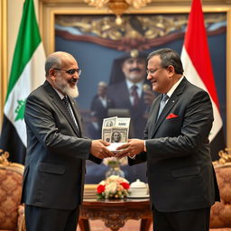 A formal meeting scene where the President of Yemen is handing an envelope filled with money to the President of Iraq
