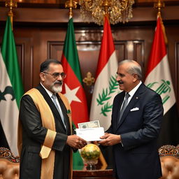 A formal meeting scene where the President of Yemen is handing an envelope filled with money to the President of Iraq