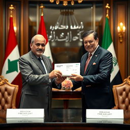 A formal meeting scene where the President of Yemen is handing an envelope filled with money to the President of Iraq