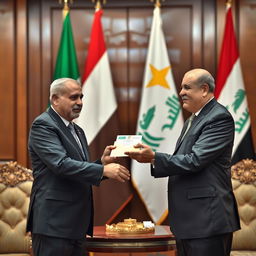 A formal meeting scene where the President of Yemen is handing an envelope filled with money to the President of Iraq