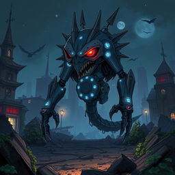 A Ghibli-style illustration of a scary, sharp metal animalistic robot with glowing blue lights and piercing red eyes