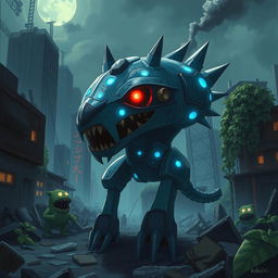 A Ghibli-style illustration of a scary, sharp metal animalistic robot with glowing blue lights and piercing red eyes