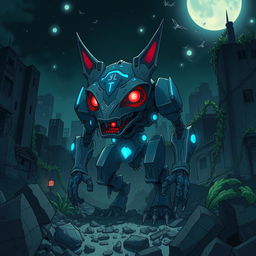 A Ghibli-style illustration of a scary, sharp metal animalistic robot with glowing blue lights and piercing red eyes