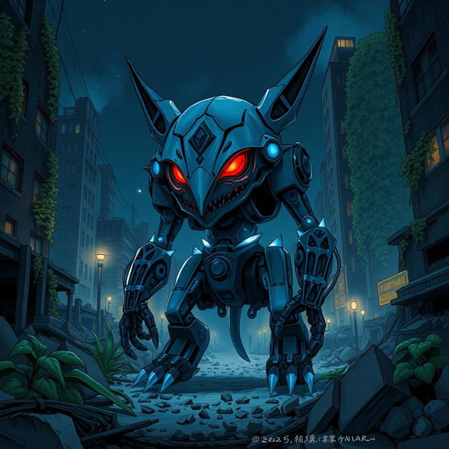 A Ghibli-style illustration of a scary, sharp metal animalistic robot with glowing blue lights and piercing red eyes