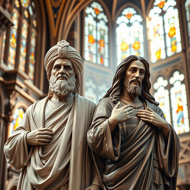 A striking image of a statue of Imam Ali placed side by side with a statue of Jesus Christ