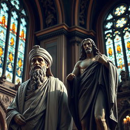 A striking image of a statue of Imam Ali placed side by side with a statue of Jesus Christ