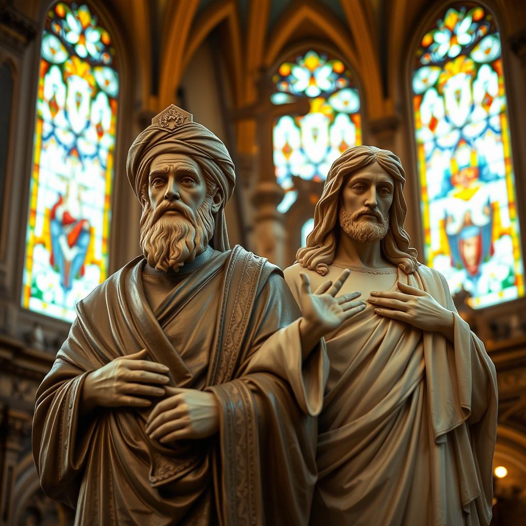 A striking image of a statue of Imam Ali placed side by side with a statue of Jesus Christ