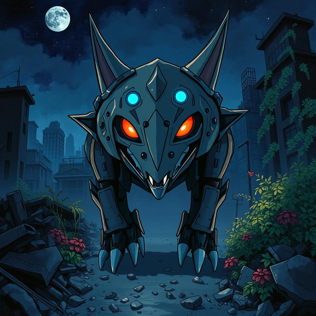 A Ghibli-style illustration featuring an ominous, sharp metal animalistic robot with glowing blue lights and striking red eyes