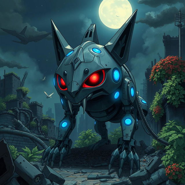 A Ghibli-style illustration featuring an ominous, sharp metal animalistic robot with glowing blue lights and striking red eyes