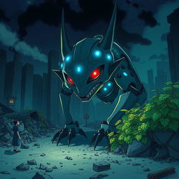 A Ghibli-style illustration featuring an ominous, sharp metal animalistic robot with glowing blue lights and striking red eyes