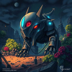 A Ghibli-style illustration featuring an ominous, sharp metal animalistic robot with glowing blue lights and striking red eyes