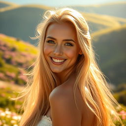A stunning, ethereal character portrait of a beautiful woman, embodying grace and happiness