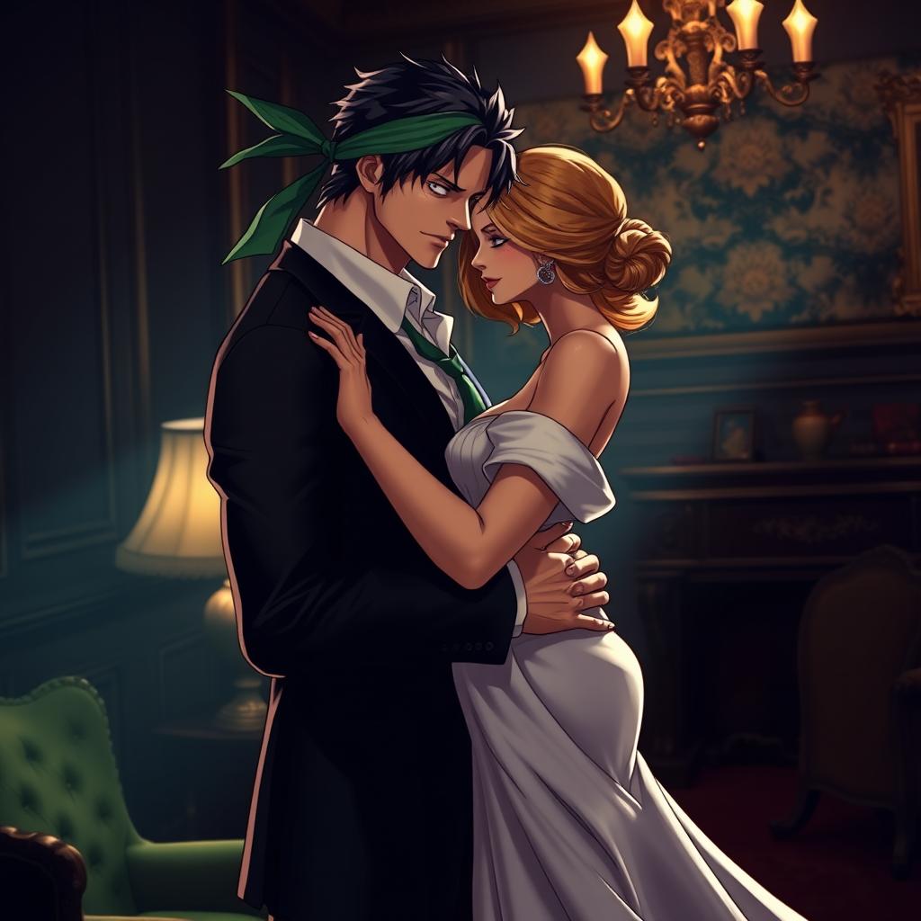 An aesthetic scene featuring Zoro from One Piece depicted as a mafia boss, exuding a sense of power and mystery