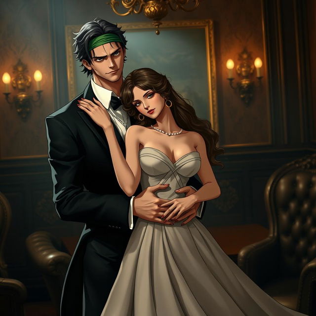 An aesthetic scene featuring Zoro from One Piece depicted as a mafia boss, exuding a sense of power and mystery