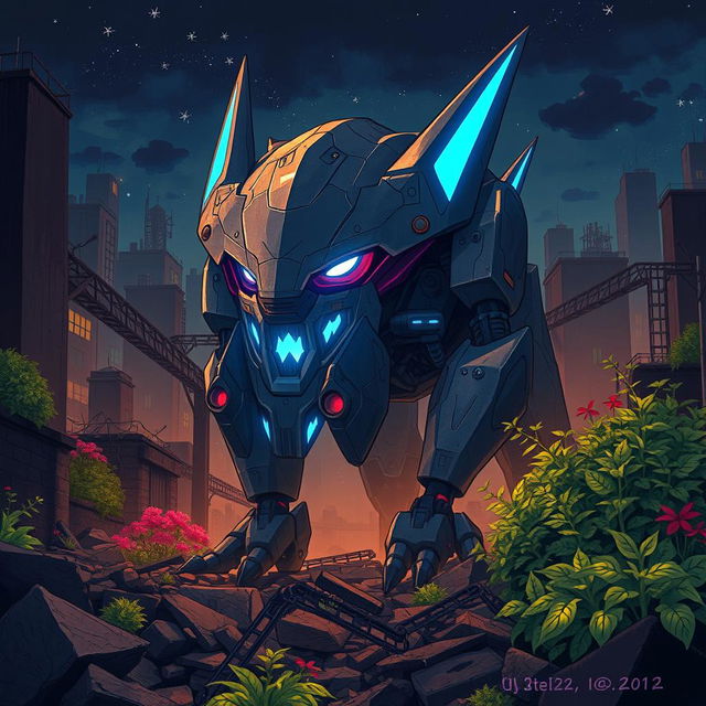 A Ghibli-style illustration featuring a modern, realistic-looking, ominous sharp metal animalistic robot with glowing blue lights and striking red eyes