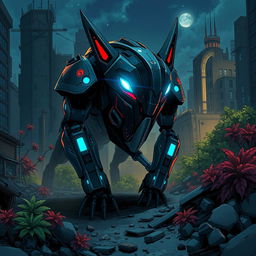 A Ghibli-style illustration featuring a modern, realistic-looking, ominous sharp metal animalistic robot with glowing blue lights and striking red eyes