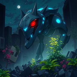 A Ghibli-style illustration featuring a modern, realistic-looking, ominous sharp metal animalistic robot with glowing blue lights and striking red eyes