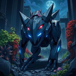 A Ghibli-style illustration featuring a modern, realistic-looking, ominous sharp metal animalistic robot with glowing blue lights and striking red eyes