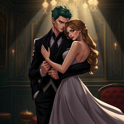 An aesthetic portrayal of Zoro as a mafia boss, showcasing his commanding presence and style