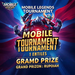 Design a vibrant tournament poster for a Mobile Legends event featuring the heroic characters Gatot Kaca and Dyrot prominently displayed in dynamic poses