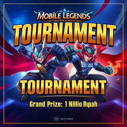 Design a vibrant tournament poster for a Mobile Legends event featuring the heroic characters Gatot Kaca and Dyrot prominently displayed in dynamic poses