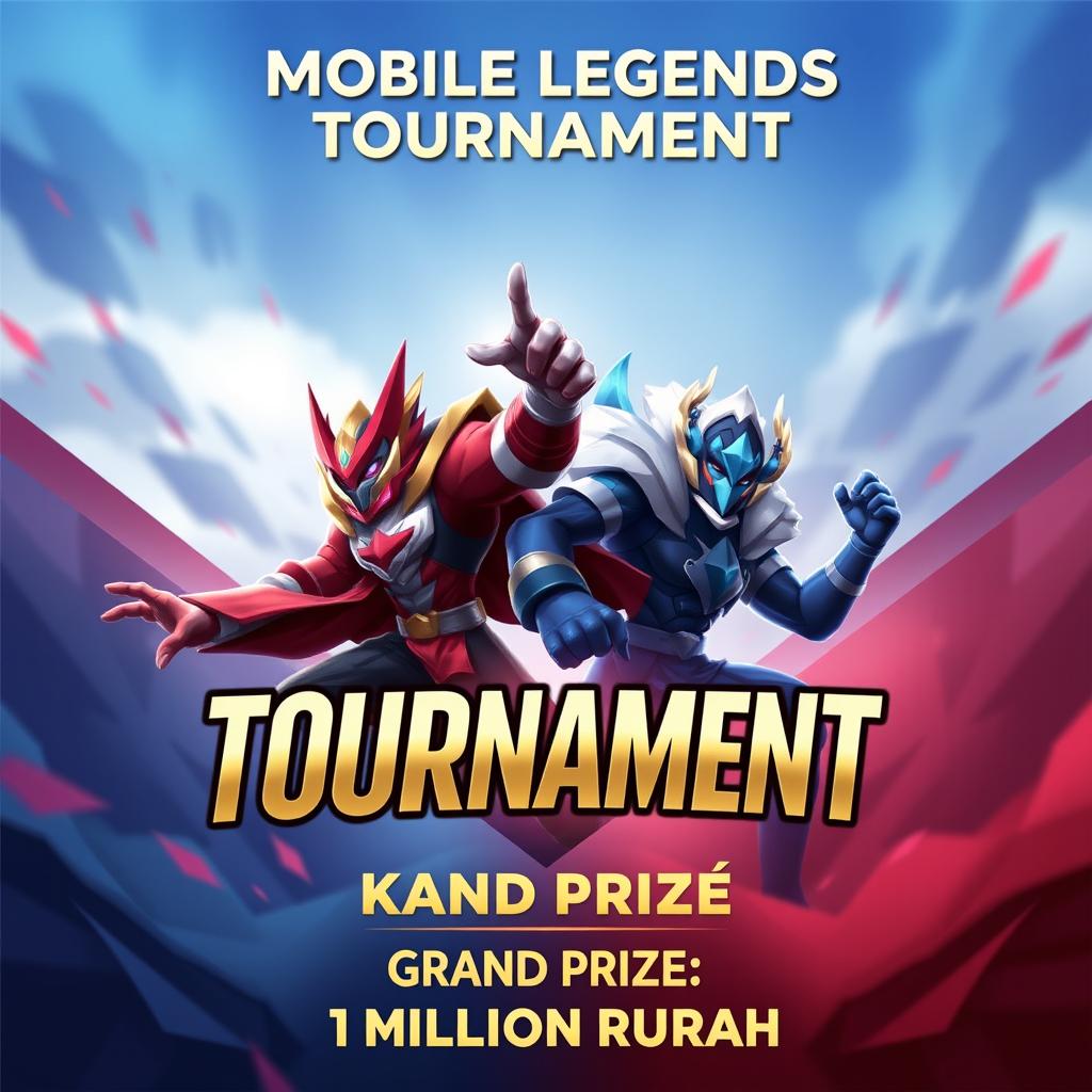 Design a vibrant tournament poster for a Mobile Legends event featuring the heroic characters Gatot Kaca and Dyrot prominently displayed in dynamic poses