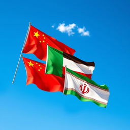 A vibrant and artistic depiction of the flags of China, African Union, and Iran (specifically the Pahlavi era flag) flying together in a clear blue sky