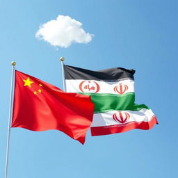 A vibrant and artistic depiction of the flags of China, African Union, and Iran (specifically the Pahlavi era flag) flying together in a clear blue sky