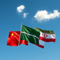 A vibrant and artistic depiction of the flags of China, African Union, and Iran (specifically the Pahlavi era flag) flying together in a clear blue sky