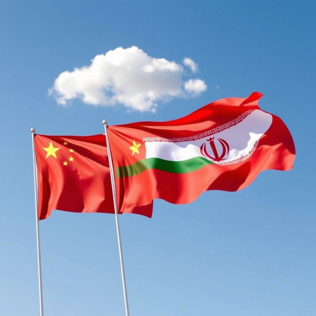 A vibrant and artistic depiction of the flags of China, African Union, and Iran (specifically the Pahlavi era flag) flying together in a clear blue sky