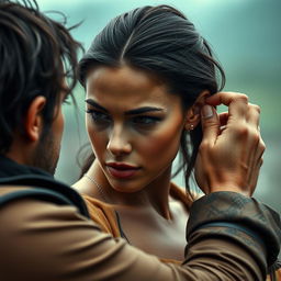 A stunning beautiful woman with her hair elegantly tied back, displaying a strong yet emotional expression, is being gently held by her ear by a man