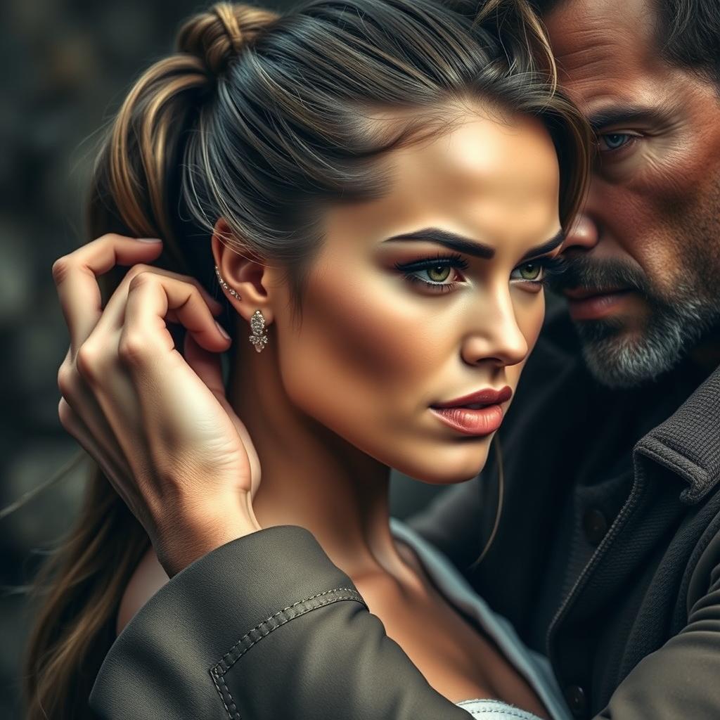 A stunning beautiful woman with her hair elegantly tied back, displaying a strong yet emotional expression, is being gently held by her ear by a man