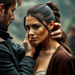 A stunning beautiful woman with her hair elegantly tied back, displaying a strong yet emotional expression, is being gently held by her ear by a man