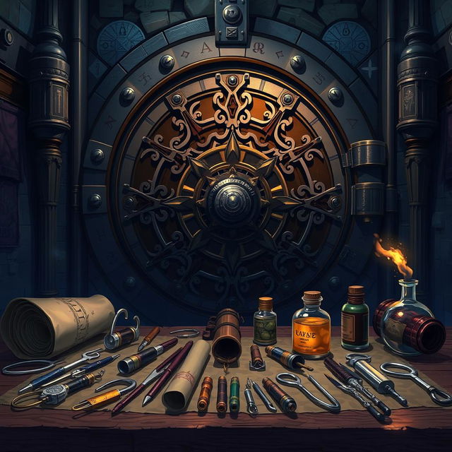 Anime style illustration depicting a bank vault interior, showcasing a vast, intricate vault door in the background