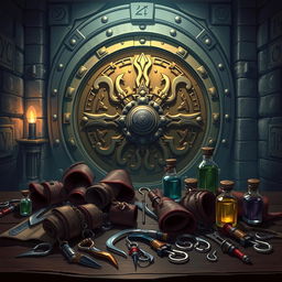 Anime style illustration depicting a bank vault interior, showcasing a vast, intricate vault door in the background