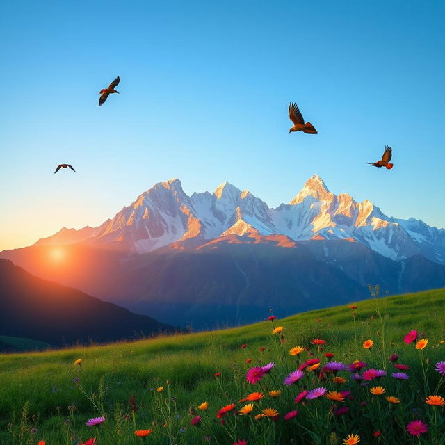 A serene landscape depicting a majestic mountain range at sunrise, with colorful birds soaring gracefully through the clear blue sky