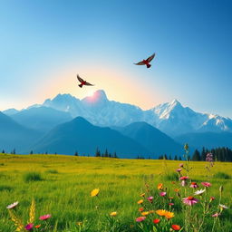 A serene landscape depicting a majestic mountain range at sunrise, with colorful birds soaring gracefully through the clear blue sky