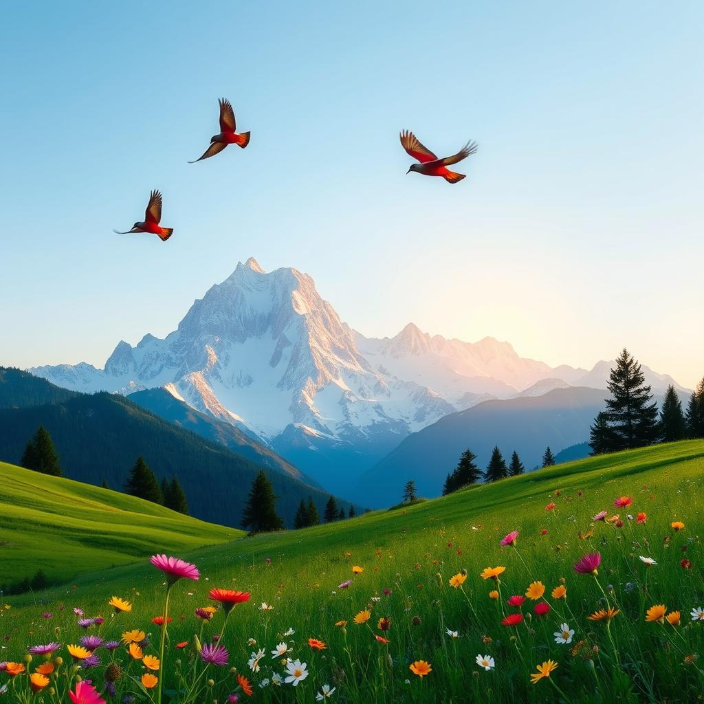 A serene landscape depicting a majestic mountain range at sunrise, with colorful birds soaring gracefully through the clear blue sky