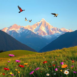 A serene landscape depicting a majestic mountain range at sunrise, with colorful birds soaring gracefully through the clear blue sky