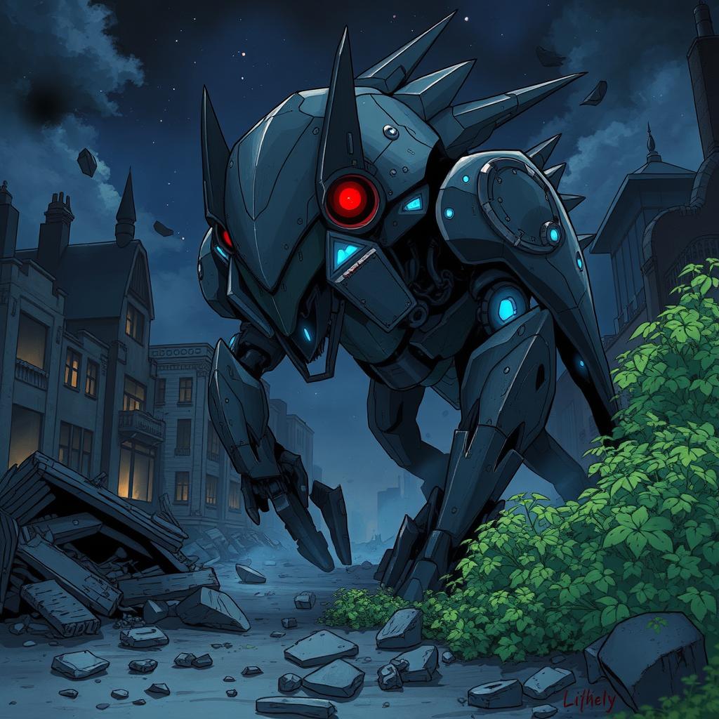 A Ghibli-style illustration featuring an ominous, sharp metal animalistic robot with modern and realistic design, glowing blue lights, and striking red eyes